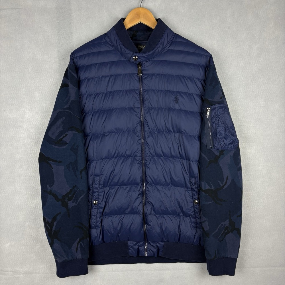Polo Ralph Lauren Down Jacket Mens XL Blue Camo Hybrid Puffer Lightweight Bomber